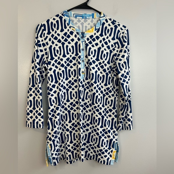 J. Mclaughlin Catalina Cloth Blue & White Geometric Tunic/Blouse Size XS - Picture 1 of 15